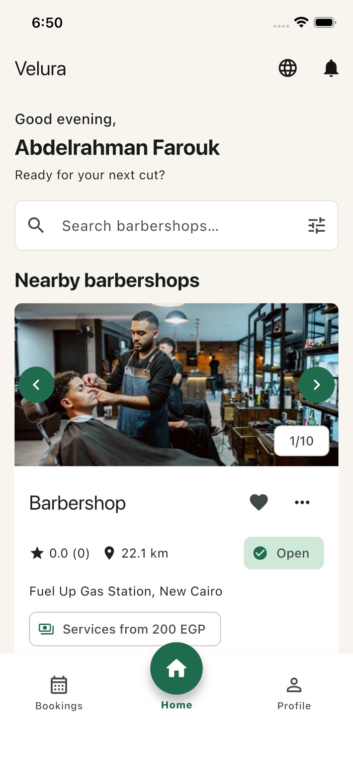 Salony customer home screen showing a nearby barbershop